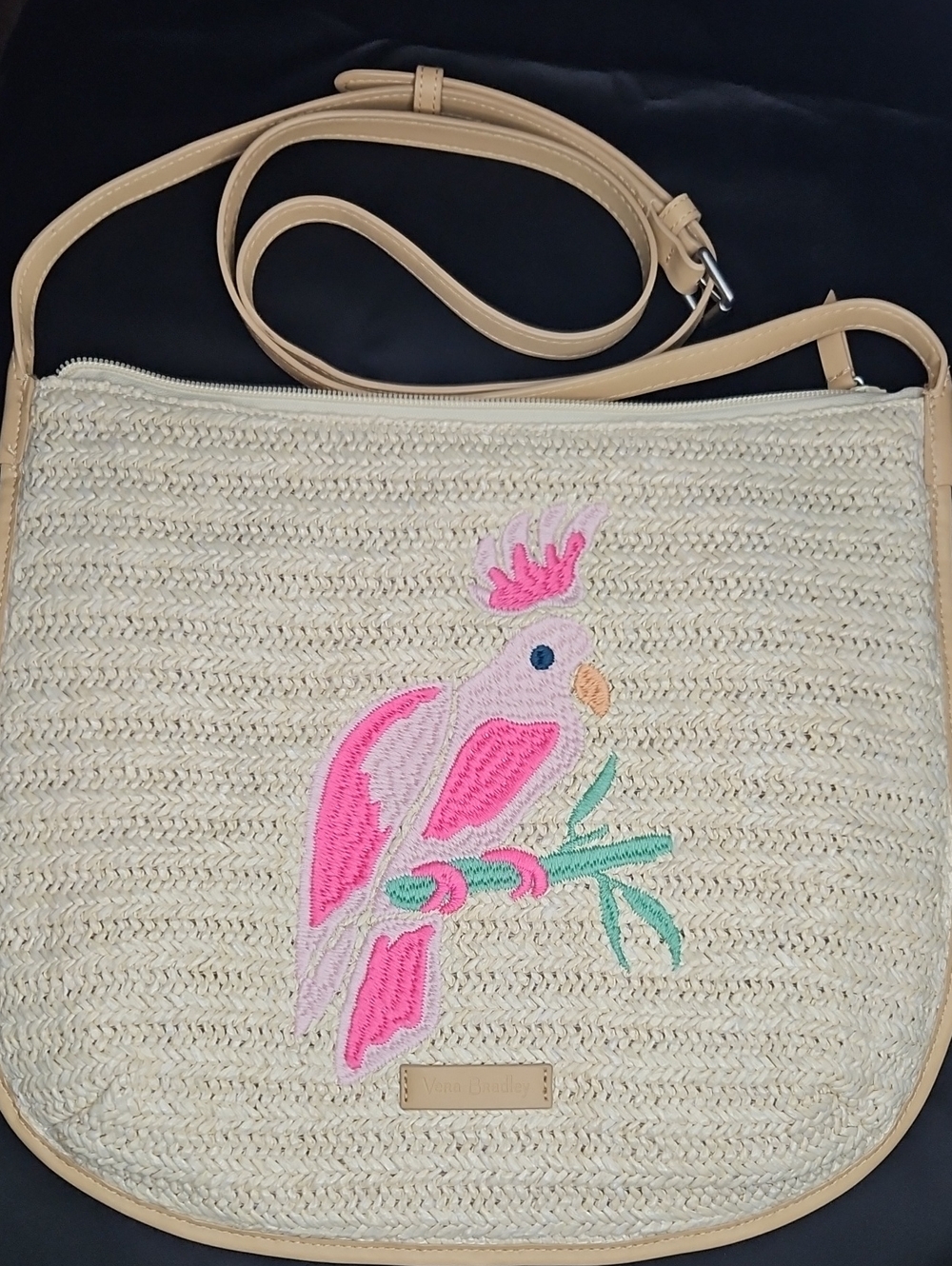 Vera Bradley Straw Crossbody Bag with Pink Parrot Embroidery NWOT